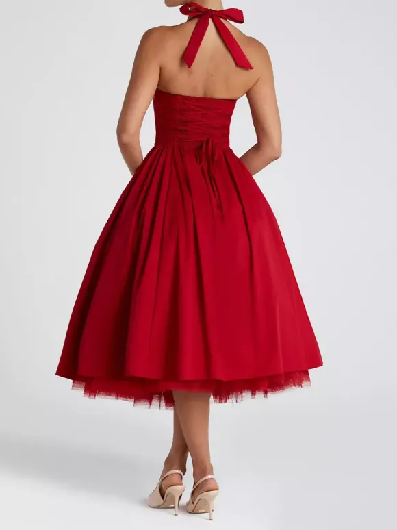Robe de soirée mi-longue rose pâle à dos nu et coupe trapèze pour femme 2026