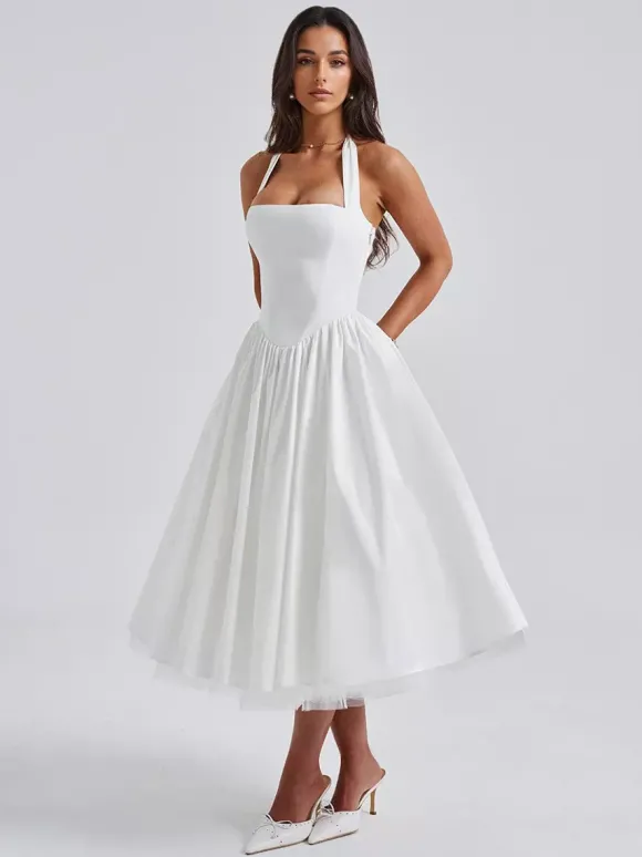 Robe de soirée mi-longue rose pâle à dos nu et coupe trapèze pour femme 2026