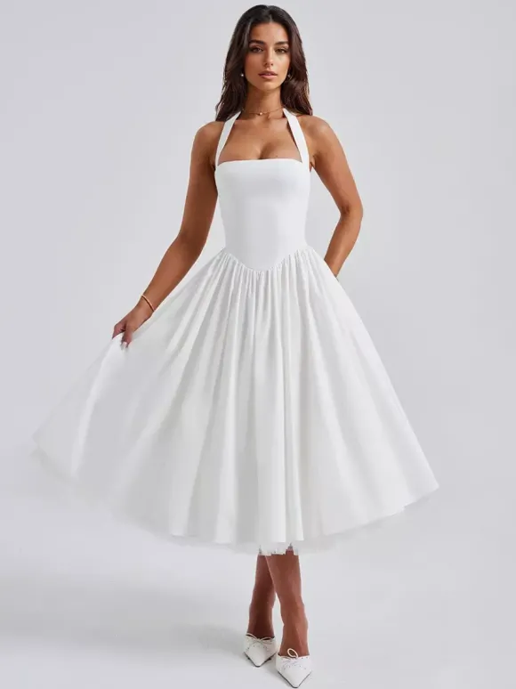 Robe de soirée mi-longue rose pâle à dos nu et coupe trapèze pour femme 2026