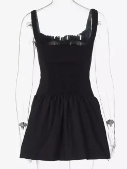 Robe de soirée mini blanche à bretelles col lacé sans manches plissée style décontracté semi-formel