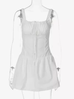 Robe de soirée mini blanche à bretelles col lacé sans manches plissée style décontracté semi-formel