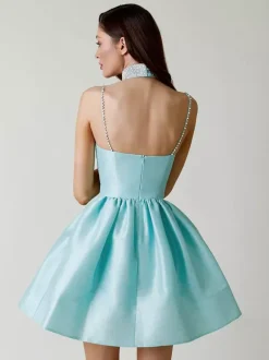 Robe de soirée mini bleu royal à bretelles fermeture éclair au col sans manches dos nu robe élégante et semi-formelle