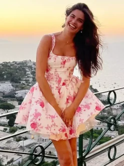 Robe de soirée mini dos nu plissée sans manches à imprimé floral et col carré sexy