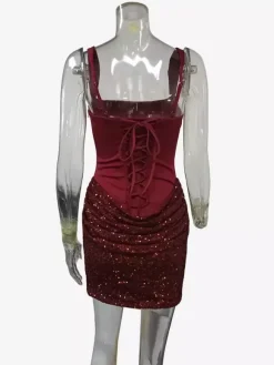 Robe de soirée mini moulante sans manches à sequins et corset pour femme 2026