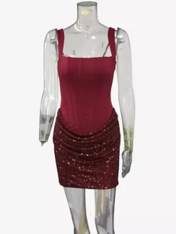 Robe de soirée mini moulante sans manches à sequins et corset pour femme 2026
