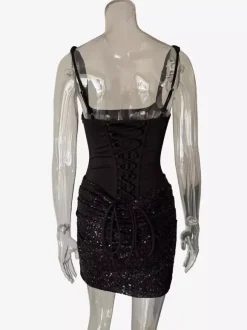 Robe de soirée mini moulante sans manches à sequins et corset pour femme 2026