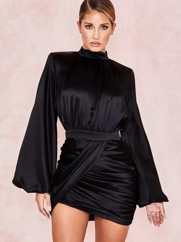 Robe de soirée mini noire à col montant et manches longues lanternes élégante et semi-formelle