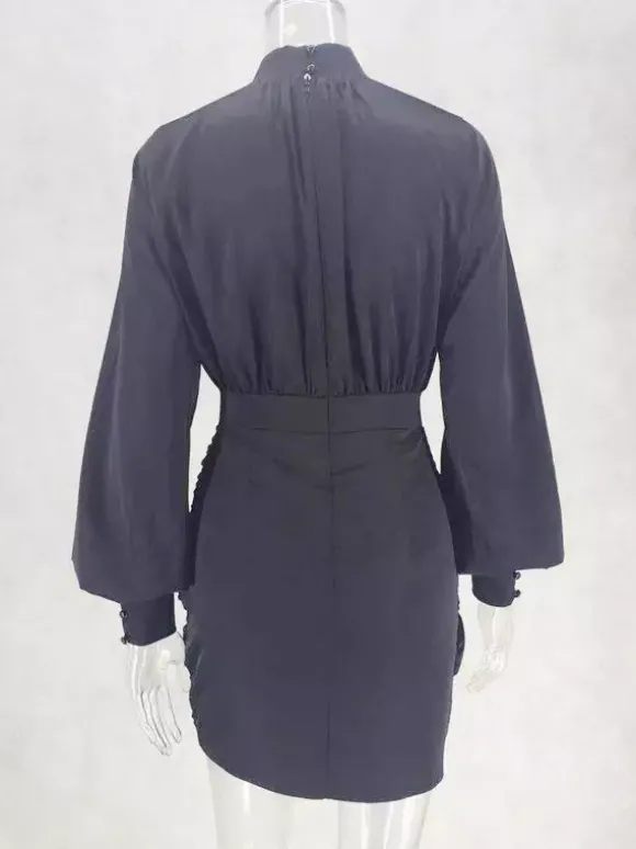 Robe de soirée mini noire à col montant et manches longues lanternes élégante et semi-formelle