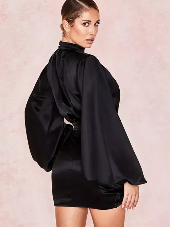 Robe de soirée mini noire à col montant et manches longues lanternes élégante et semi-formelle