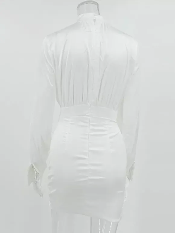 Robe de soirée mini noire à col montant et manches longues lanternes élégante et semi-formelle