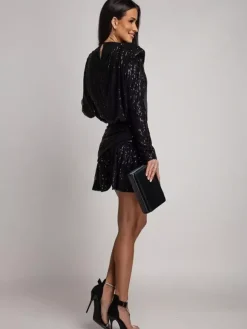 Robe de soirée mini à rayures et sequins à manches longues et fronces pour femme 2026