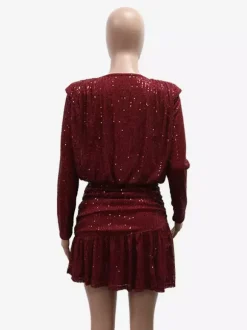 Robe de soirée mini à rayures et sequins à manches longues et fronces pour femme 2026
