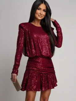 Robe de soirée mini à rayures et sequins à manches longues et fronces pour femme 2026