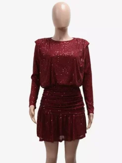 Robe de soirée mini à rayures et sequins à manches longues et fronces pour femme 2026
