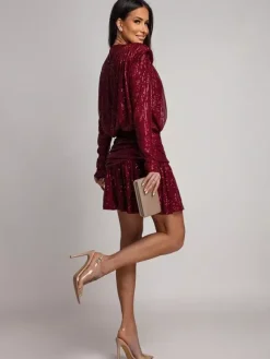 Robe de soirée mini à rayures et sequins à manches longues et fronces pour femme 2026