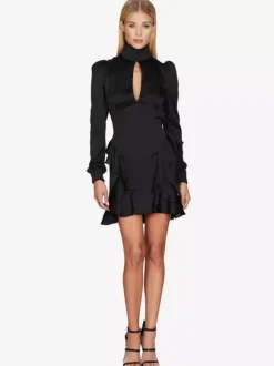 Robe de soirée mini verte à col montant volants manches longues coupe flatteuse style semi-formel sexy