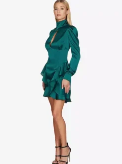 Robe de soirée mini verte à col montant volants manches longues coupe flatteuse style semi-formel sexy