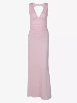 Robe de soirée moulante rose poudré à décolleté plongeant et dos nu froncé
