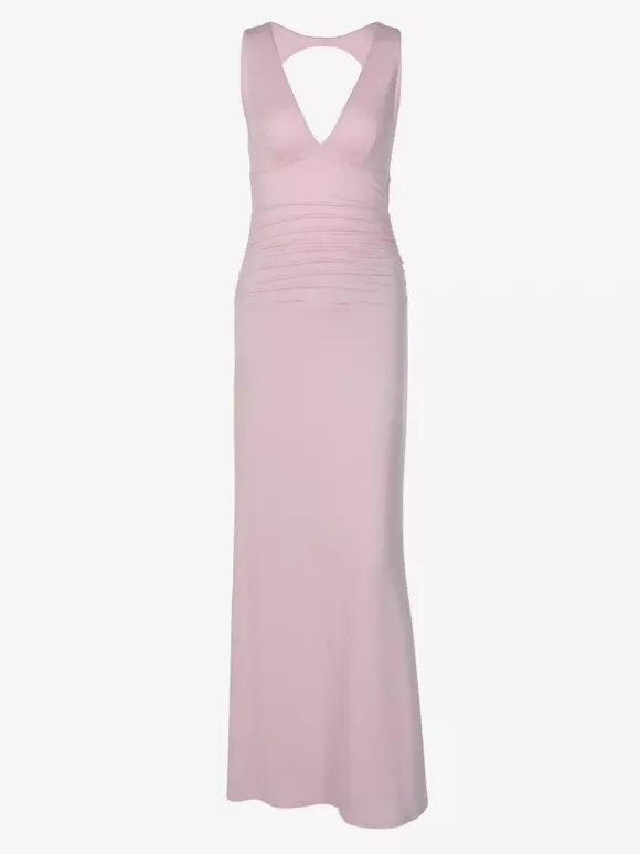 Robe de soirée moulante rose poudré à décolleté plongeant et dos nu froncé
