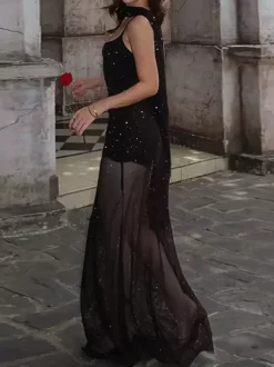 Robe de soirée noire à paillettes en résille avec ras-de-cou et fente robe longue transparente pour boîte de nuit