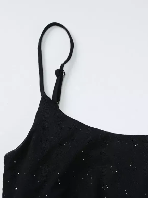 Robe de soirée noire à paillettes en résille avec ras-de-cou et fente robe longue transparente pour boîte de nuit