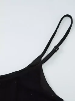 Robe de soirée noire à paillettes en résille avec ras-de-cou et fente robe longue transparente pour boîte de nuit
