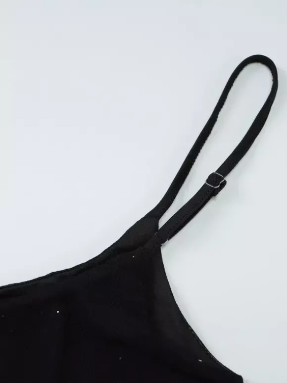 Robe de soirée noire à paillettes en résille avec ras-de-cou et fente robe longue transparente pour boîte de nuit
