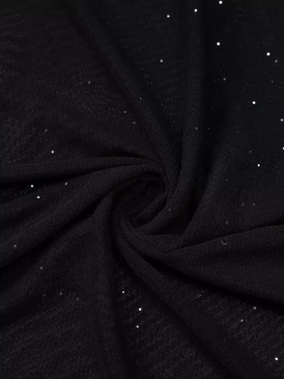 Robe de soirée noire à paillettes en résille avec ras-de-cou et fente robe longue transparente pour boîte de nuit