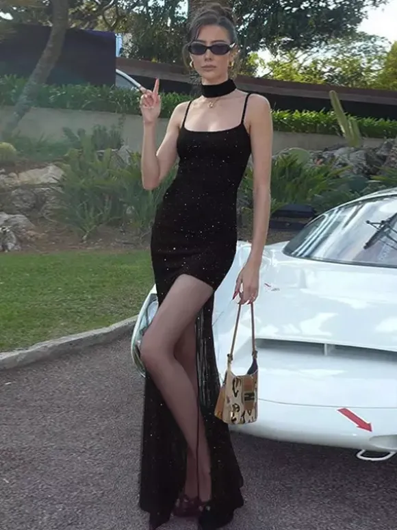Robe de soirée noire à paillettes en résille avec ras-de-cou et fente robe longue transparente pour boîte de nuit
