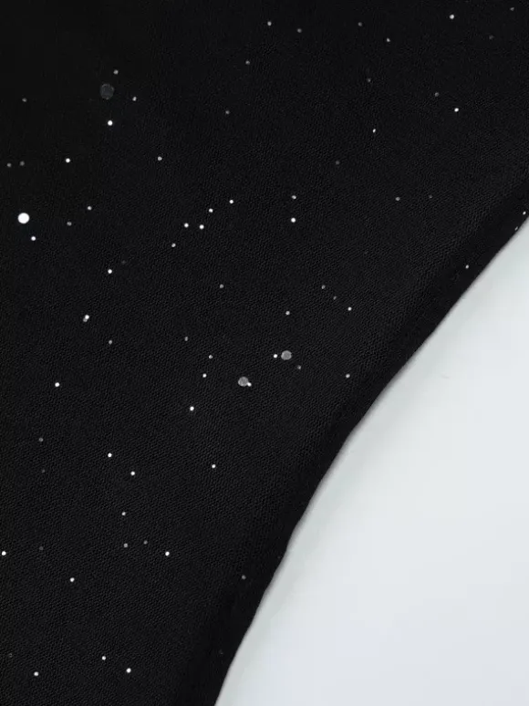 Robe de soirée noire à paillettes en résille avec ras-de-cou et fente robe longue transparente pour boîte de nuit