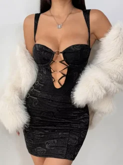 Robe de soirée noire à pois sans manches bretelles décolleté sans bonnets robe d'été