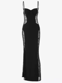 Robe de soirée noire sirène maxi à empiècements latéraux en dentelle transparente robe de soirée élégante