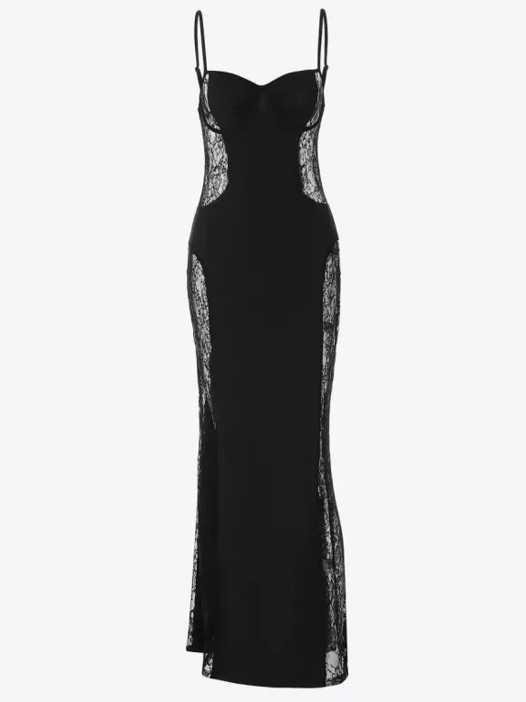Robe de soirée noire sirène maxi à empiècements latéraux en dentelle transparente robe de soirée élégante