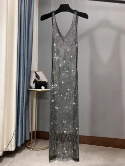 Robe de soirée pour femme blanche décolleté en V sans manches sexy