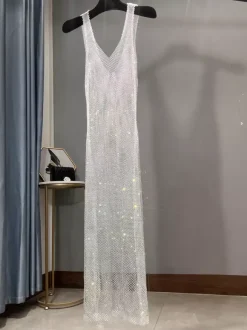 Robe de soirée pour femme blanche décolleté en V sans manches sexy