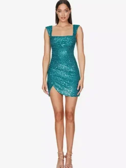 Robe de soirée pour femme bleu ciel à col carré sequins sans manches sexy