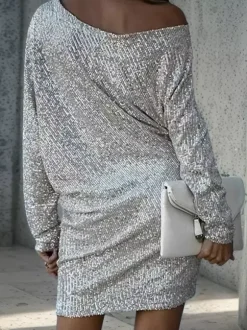 Robe de soirée pour femme col asymétrique sequins sexy manches longues blanche.