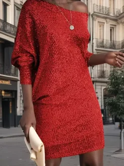Robe de soirée pour femme col asymétrique sequins sexy manches longues blanche.