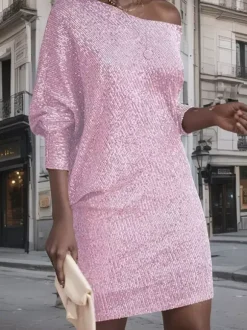 Robe de soirée pour femme col asymétrique sequins sexy manches longues blanche.