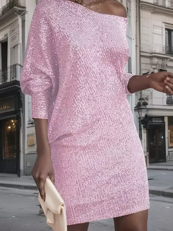 Robe de soirée pour femme col asymétrique sequins sexy manches longues blanche.