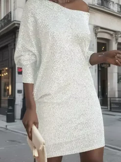 Robe de soirée pour femme col asymétrique sequins sexy manches longues blanche.