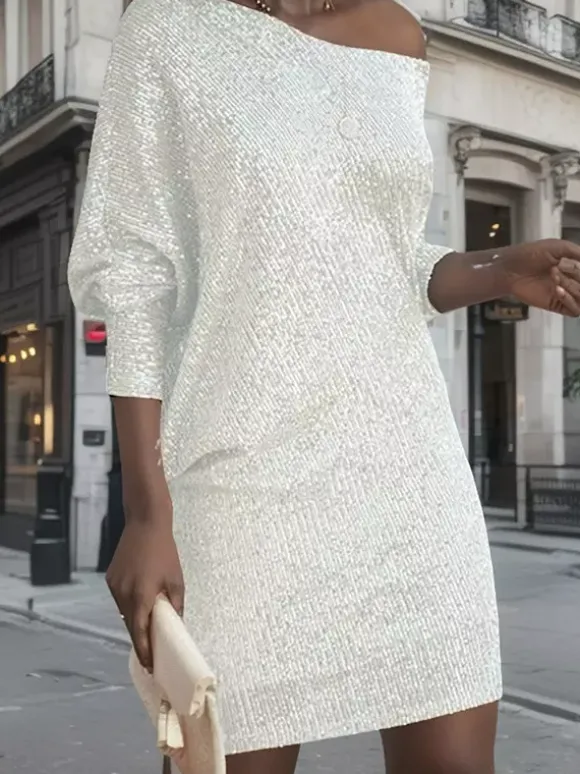 Robe de soirée pour femme col asymétrique sequins sexy manches longues blanche.