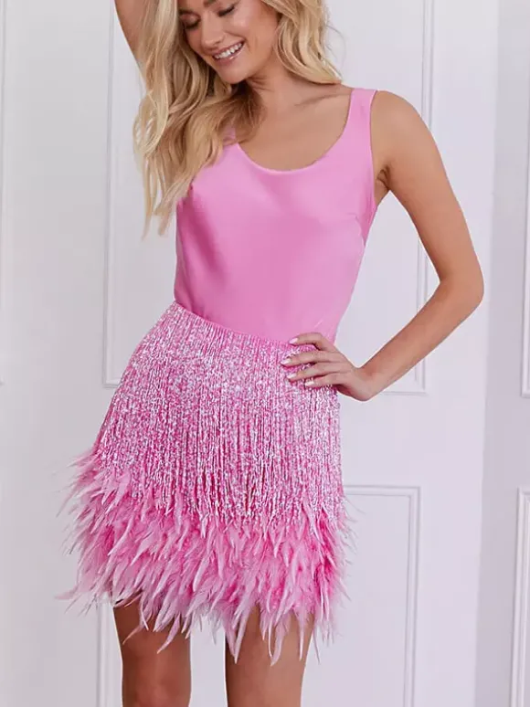 Robe de soirée pour femme col en U franges sexy sans manches rose sexy
