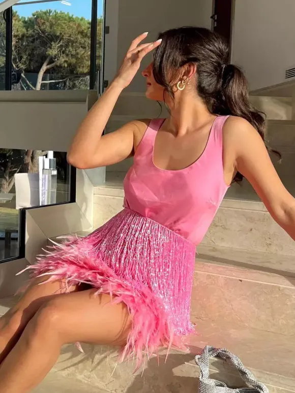 Robe de soirée pour femme col en U franges sexy sans manches rose sexy