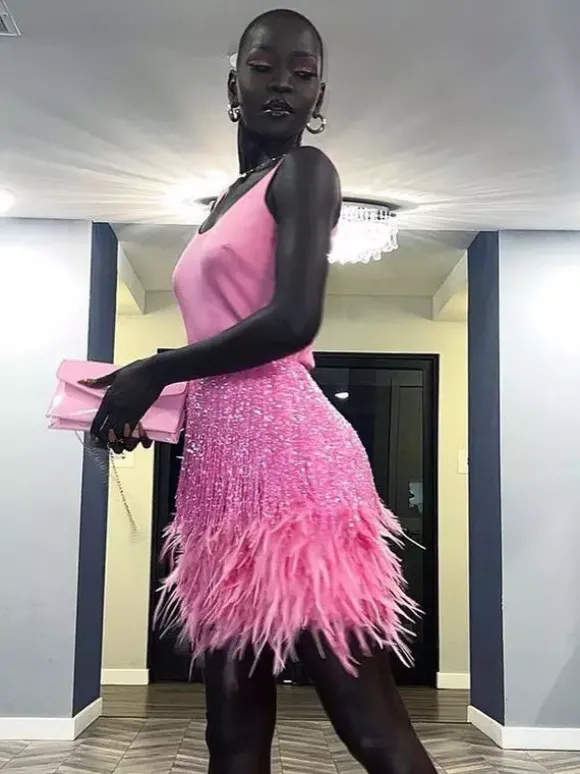 Robe de soirée pour femme col en U franges sexy sans manches rose sexy