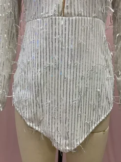Robe de soirée pour femme col V sequins chics manches longues dos nu argentée sexy