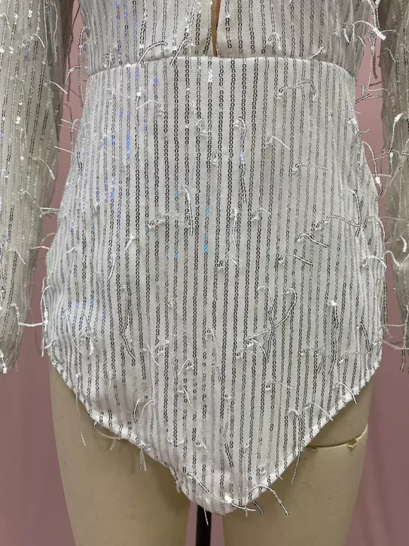 Robe de soirée pour femme col V sequins chics manches longues dos nu argentée sexy