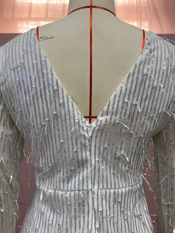Robe de soirée pour femme col V sequins chics manches longues dos nu argentée sexy