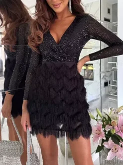 Robe de soirée pour femme rose col en V sequins manches longues polyester robe sexy