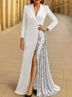 Robe de soirée pour la mère de la mariée robe de bal plissée à manches longues et col en V robe d'invitée pour un mariage
